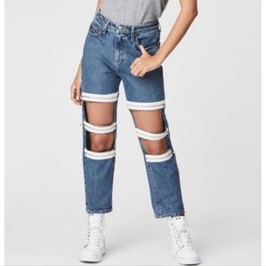 Carmar Hermia Barrel Style Rigid Blue Jeans with White Zipper Cut Outs